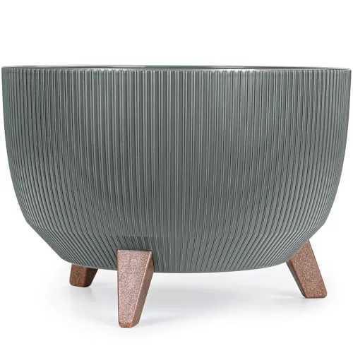 KONZEPT Blumentopf mit Füßen – moderner Blumenkübel aus Kunststoff für Innen und Außen - Großer Blumenkübel mit 40 cm Durchmesser, ideal für kräftige Pflanzen. Integriertes Bewässerungssystem und UV-beständig – perfekt für Balkon, Garten oder Wohnzimmer. Hergestellt aus recycelbarem Material mit stilvollen Holzoptik-Füßen.