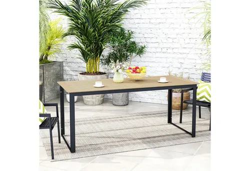 Outsunny Gartentisch mit Holzoptik für 6 Personen - Wetterfester Buffettisch aus Metall im stilvollen Lamellendesign, ideal für Garten, Terrasse oder Balkon. Pflegeleichte Holz-Kunststoff-Oberfläche und rostbeständiger Rahmen für langlebigen Einsatz.