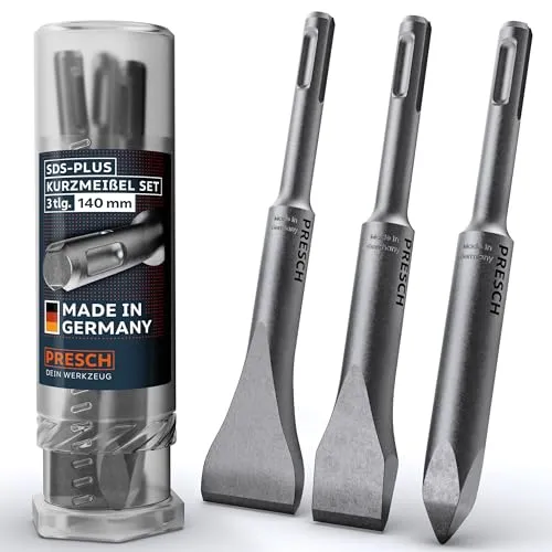 Presch SDS-plus Meißel Set 3tlg. – Komplettset Flachmeißel, Breitmeißel & Spitzmeißel - Extrem robuste, langlebige Spitzen – Bohrhammer Meißel (140mm Länge) für kraftvolle Schläge