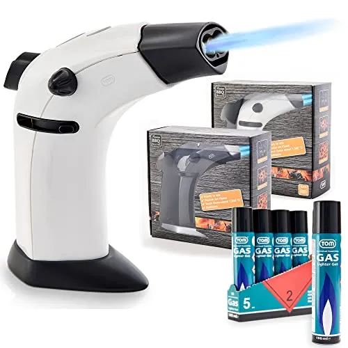 TOM Flambierbrenner Set mit Doppel Jetflame und 5 Butangas Kartuschen - Vielseitiger Profi Gasbrenner für Küche, Camping und Werkstatt. Mit doppelter Jetflamme bis 1300°C, individuell einstellbar und sicher in der Handhabung dank Sicherheitsverriegelung.