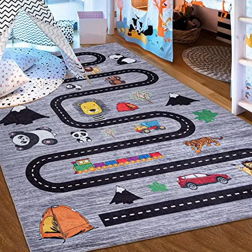 Mazovia Kinderzimmerteppich Antirutsch Grau 80 x 150 cm - Waschbar & Rutschfest - Der EMMA Kinderzimmerteppich überzeugt durch sein fröhliches Design und die rutschfeste Unterseite. Waschmaschinengeeignet bis 30 Grad für einfache Pflege, ideal für Spiel und Sicherheit im Kinderzimmer.