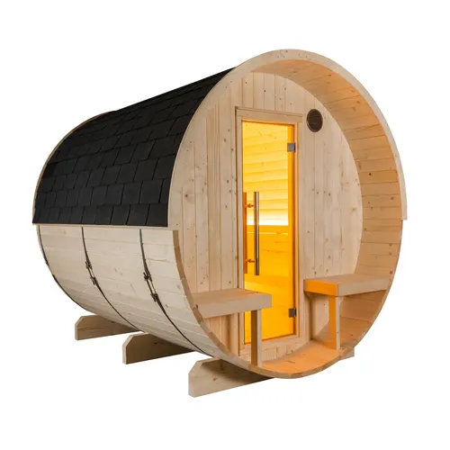 Harvia Kuusi 240 Panorama Canopy Fasssauna aus Fichte Ø220x240cm - Erleben Sie entspannende Stunden in der Harvia Kuusi Fasssauna, gefertigt aus hochwertiger Fichte, ideal für gemütliche Saunagänge im Freien.
