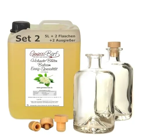 Holunderblüten Balsam Essig - Spezialität 5L inkl. 2 Flaschen u. 2 Ausgießer herrliche Holundernote 5% Säure vegan Holunder Blüten