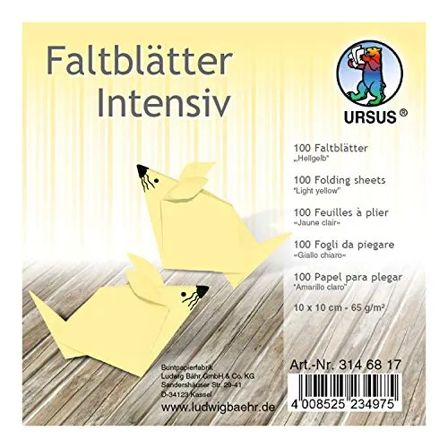 Ursus 3146817 - Faltblätter Uni intensiv, hellgelb, ca. 10 x 10 cm, 65 g/qm, 100 Blatt, aus Plakatpapier, durchgefärbt, für kleine und große Origami Künstler, ideal für vielseitige Bastelarbeiten