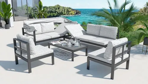 OUTFLEXX Gartenlounge-Set 5-teilig - Stilvolles 5-teiliges Gartenmöbelset in schwarz/grau aus robustem Aluminium. Genießen Sie Komfort und Flexibilität mit verstellbaren Elementen und pflegeleichten Bezügen – ideal für Ihre Terrasse oder Garten.