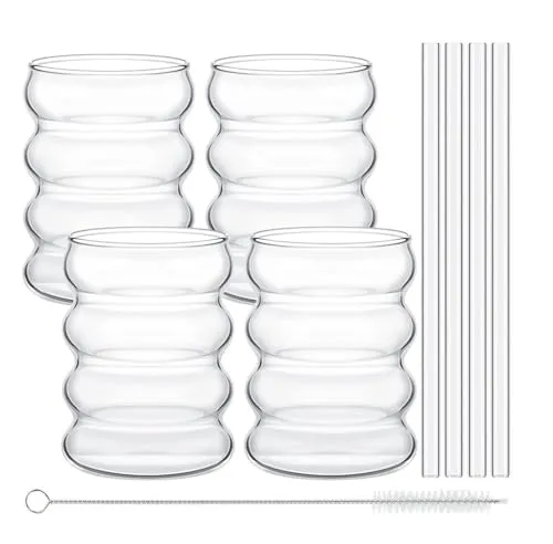 mixed24 4er Set Trinkgläser 350ml Wellenform inkl. 4x Glashalm, 1x Reinigungsbürstchen, geeignet als Wasserglas, Cocktailglas, Latte Macchiato, Cappucino, Longdrink, etc.