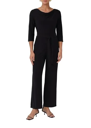 s.Oliver Fließender Jumpsuit mit Wasserfall-Ausschnitt - Eleganter Overall mit Wasserfall-Ausschnitt und Bindegürtel. Der weiche Jersey-Stoff sorgt für hohen Tragekomfort, während der elastische Bund und die 3/4-Ärmel einen femininen Look verleihen.