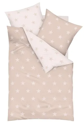 JACK by Kaeppel Mako Satin Wende Bettwäsche 200x200cm 3 TLG. Stars Rot Beige Weiß Anthrazit Stern Sterne, Farbe:Beige