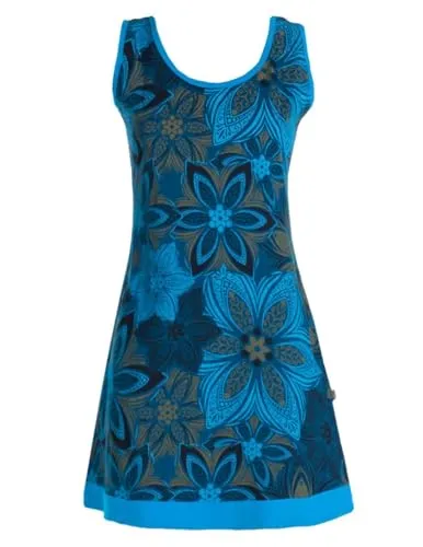 Vishes Alternative Bekleidung - Damen Mini-Kleid Baumwolle Blumen-Muster Rundhalsausschnitt türkis 36