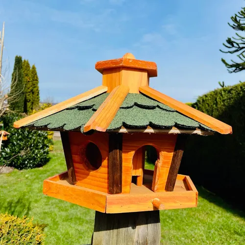 DARLUX Sechseck Vogel Futter Haus M Futterstelle Holz-Vogelhaus Braun/Grün