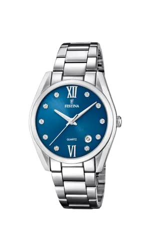 Festina Damen Analog Quarz Uhr F16790/C mit Edelstahl Armband - Elegante Armbanduhr für Damen mit 37 mm Edelstahlgehäuse, präzisem Quarzwerk und stilvollem blauen Zifferblatt. Wasserdicht bis 5 bar, ideal für jeden Anlass.