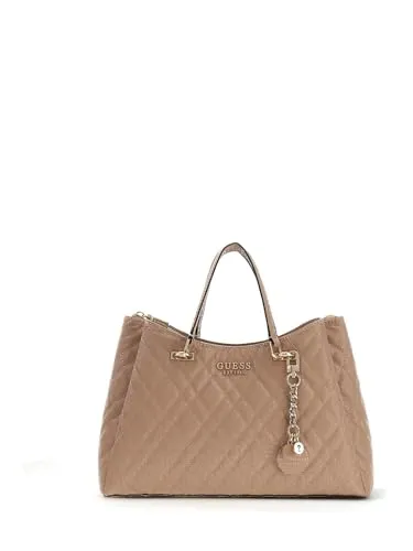 GUESS Isemay Girlfriend Umhängetasche in Mokka Blass - Elegante Umhängetasche mit glänzendem goldfarbenem Material, praktischen Innenführungen und abnehmbarem Anhänger. Ideal für stilvolle Auftritte und den Alltag.