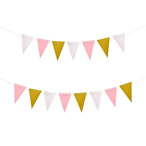 Oblique Unique® Wimpel Girlande Banner 3m Weiß Rosé Gold mit Glitzereffekt Wimpelkette für Geburtstag Jubiläum Hochzeit Feier Party Kindergeburtstag Deko