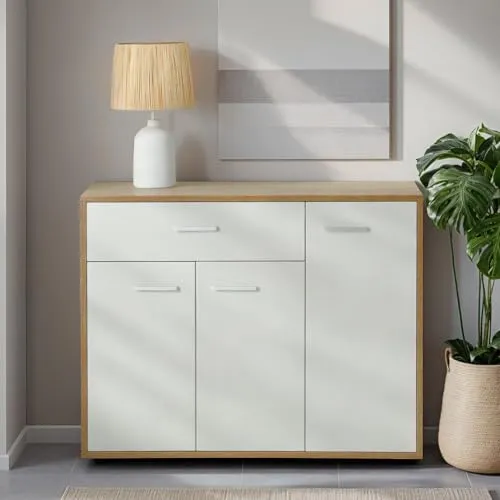 Caro-Möbel Kommode ESTELLE - Praktisches Sideboard mit 3 Türen - Schubladenkommoden mit 3 Türen und 1 Schublade, in modernem Sonoma Eiche/weiß, perfekt für zusätzlichen Stauraum in jedem Raum.