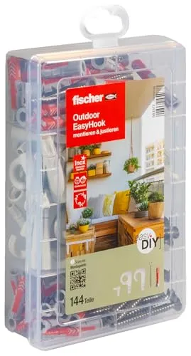 fischer easyDIY Box Outdoor EasyHook - 144-teiliges Dübel- und Schraubenset mit rostfreien Schrauben und Easy Hooks, ideal für die sichere Befestigung im Außenbereich auf verschiedenen Baustoffen.