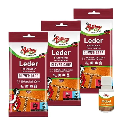 POLIBOY Leder Feuchttücher - Zur Pflege und Reinigung von Glattleder - Farbauffrischung und Schutz mit Carnaubawachs - 3x 20 Tücher - inkl. Produktprobe - Made in Germany