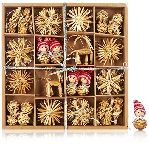 com-four® 56-teiliges Strohsterne Set - Sterne, Glocken, Tannen, und traditionelle Figuren als Christbaum-Schmuck - kleine Stroh-Anhänger als Weihnachtsbaumschmuck - natürlicher Christbaum-Behang