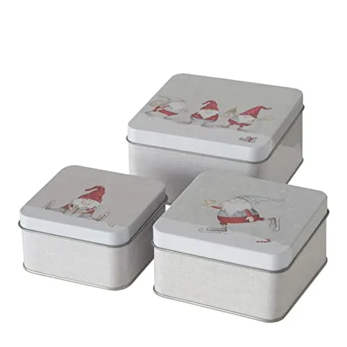 CasaJame 3er Set Metall Keksdose Plätzchendose eckig Wichtel mit Schlittschuhen sortiert 9-12cm