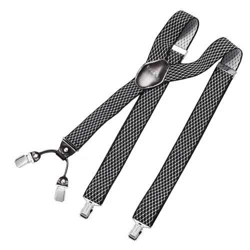 DonDon Hosenträger Herren extra stark Muster schwarz weiß 3,5 cm Hosenträger Herren breit mit brauem Leder in Y-Form lang