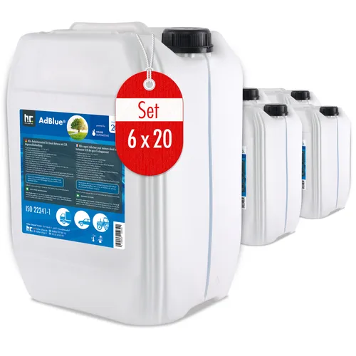 6x 20 L AdBlue® hochwertig in Kanister - Additive für SCR-Abgasnachbehandlung, reduziert giftige Stickoxide um 90% und ist ISO 22241-1 konform. Ideal für Euro-6-Fahrzeuge, sicher und wirtschaftlich.