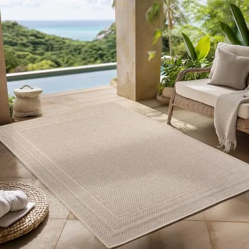 Carpettex Outdoor Teppich wetterfest Beige 240x340 cm, UV-beständig, ideal für Küche, Balkon, Terrasse, Garten auch Wohnzimmer und Esszimmer, Einfarbiges Design mit Bordüre, Pflegeleicht