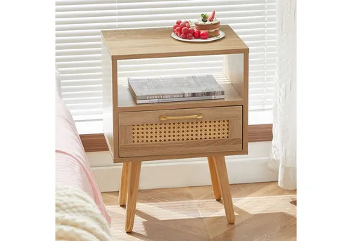 Okwish Nachttisch Hellbraun - Modernes Design mit Rattangeflecht - Eleganter Nachttisch aus Holzwerkstoff mit Rattangeflecht. Praktische Schublade für Stauraum, ideal für Schlafzimmer oder Büro. Pflegeleichte Oberfläche und stabile Massivholzbeine garantieren Langlebigkeit.