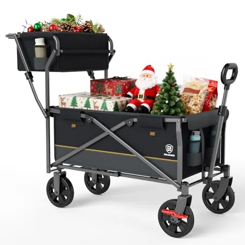 EVER ADVANCED Bollerwagen faltbar schieben&ziehen mit Bremse Einkaufskorb Getränkhalter Seitentasche Handwagen klappbar Strandwagen bis 120kg Faltwagen Transportwagen für Camping