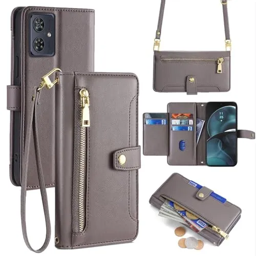 betterfon Hülle Kompatibel mit Motorola Moto G14 | Leder Handyhülle Praktische Handykette Kartenfächer Brieftasche Umhängetasche Kompatibel für Moto G14 | Grau
