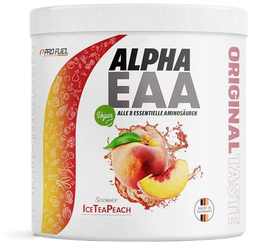 Alpha EAA Pulver 462g ICE TEA PEACH - Veganes Aminosäuren-Pulver für optimale Leistung - VEGANES EAA PULVER: Enthält alle 8 essentiellen Aminosäuren in hochwertiger Form, ideal zur Unterstützung der Fitnessziele. Erfrischender Geschmack und perfekte Löslichkeit machen es zum idealen Begleiter für dein Training.