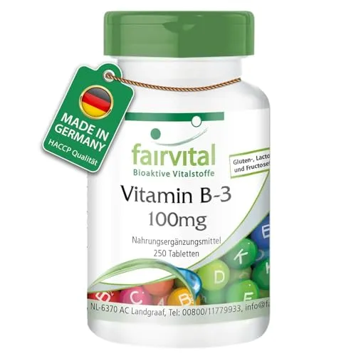 Vitamin B-3 Niacin 100mg Nicotinamid - 250 Tabl. | fairvital, VEGAN - Nahrungsergänzungsmittel für erwachsene Unisex mit 250 Tabletten, unterstützt das Nervensystem und fördert den erholsamen Schlaf. Ideal für eine gesunde Lebensweise!
