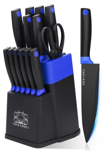 Messerblock Set 14-teilig mit selbstschärfendem Block und bunten Steakmessern