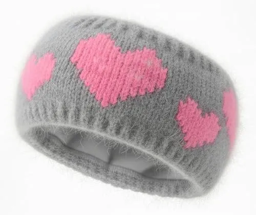 styleBREAKER Damen Strick Stirnband mit Herz Muster und Fleece Futter | Made in Europe - Warmes Winter Haarband Ohrwärmer 56-59 cm, Farbe:Grau-Pink