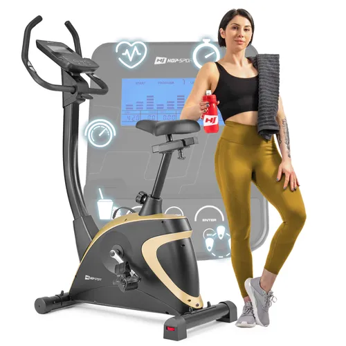 Hop-Sport Heimtrainer Fahrrad Host Gold - Ergometer mit App-Steuerung und 13 Trainingsprogrammen - Der Hop-Sport HS-005H Host ist ein vielseitiger Heimtrainer mit 16 Widerstandsstufen, verstellbarem Sitz und Lenker für optimalen Komfort. Ideal für effektives Training zu Hause.