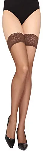 Merry Style Damen Halterlose Strümpfe mit Spitze Blumen Muster 20 DEN MSGI012 (Cappucino, 1/2)