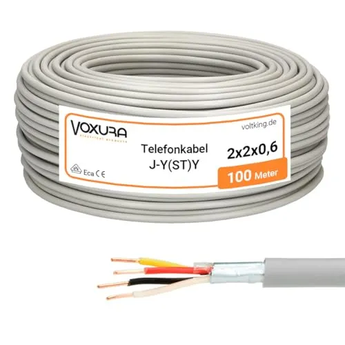 Voxura Telefonkabel J-Y(ST) Y 2X2X0,6 100m Ring grau 4 Adern Fernmeldeleitung Installationsleitung