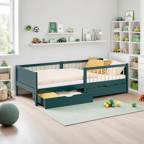 Homestyle4u Kinderbett in Grün aus Massivholz - Schickes Kinderbett 90x200 cm aus robustem Kiefernholz mit praktischem Rausfallschutz und Stauraum durch 2 Schubladen – ideal für ein modernes Kinderzimmer.