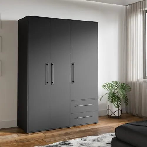 Forte MOKKARIS Kleiderschrank 140 150 - 3-türiger Drehtürenschrank in Schwarz Matt mit 2 Schubladen, hochwertiger Verarbeitung und einfacher Montage – ideal für stilvolle und funktionale Schlafzimmer.