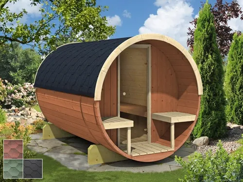 Finn Art Blockhaus Fasssauna Tommi 5, 42 mm, Schindeln rot, Outdoor Gartensauna, ohne Ofen
