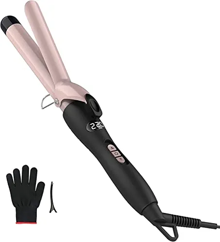Lockenstab, Lockenstab aus Keramik-Turmalin, LCD-Display, 60-220 einstellbare Temperatur, schnelles Aufheizen, Doppelspannung, inkl. hitzebeständigem Handschuh,25 mm
