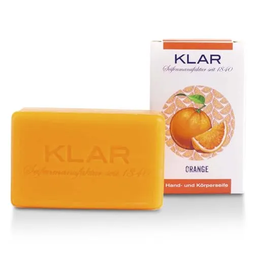 KLAR Orangenseife 100 g - Baden und Duschen: Stimmungsaufhellende Seife mit ätherischem Orangenöl, hergestellt ohne künstliche Duftstoffe aus Deutschlands ältester Seifenmanufaktur.