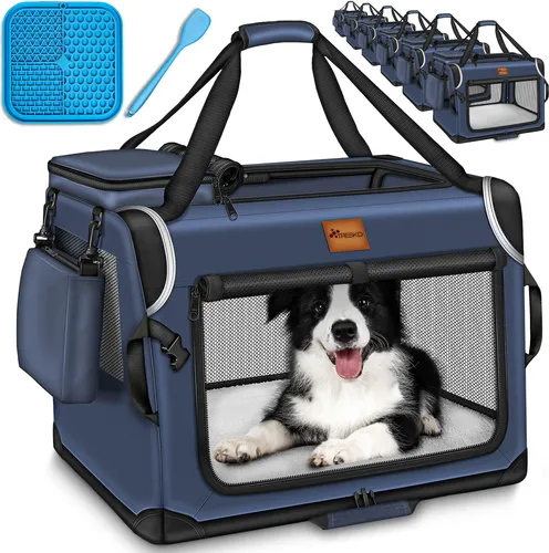 TRESKO® Hundebox faltbar Navyblau (S 50x34x34cm) inkl. Leckmatte, Spatel & Reflektoren | Transportbox für Hunde und Katzen | Hundetransportbox für kleine & große Hunde | Hundetasche robust