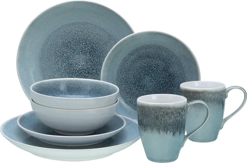 CreaTable 25857 Caldera Eisblau, 8-teiliges Geschirrset - Kombiservice aus Steinzeug, spülmaschinen- und mikrowellengeeignet, mit einzigartiger Glasur und langlebiger Markenqualität für stilvolle Tischdekoration.