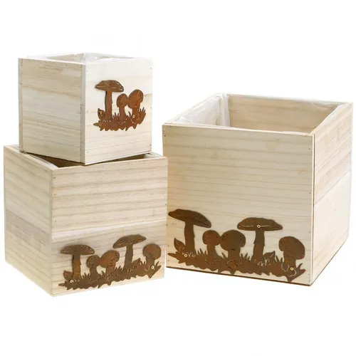 Pflanzwürfel-Set Herbstdeko Edelrost Pilzmotiv Holz 3-teilig - Rustikale Herbstdeko aus Holz in Pilzform, ideal für kreative Gestaltung. Perfekt für dekorative Akzente in Ihrem Zuhause.