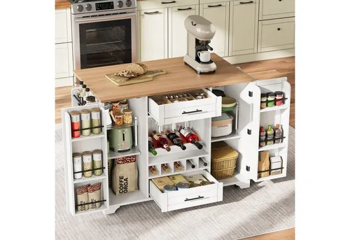 Odikalo Küchenwagen Kücheninsel klappbarer Arbeitsplatte Weinregal Glashalter Gewürzregal