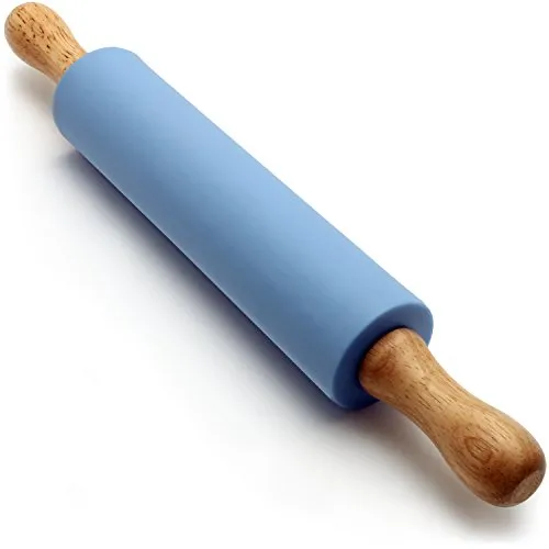 igadgitz home U6757 Klein Antihaft Silikon Nudelholz Mini, Teigroller mit Holzgriffe zum Backen, Pie Crust, Cookies, Fondant, Pizza - Blau 30cm