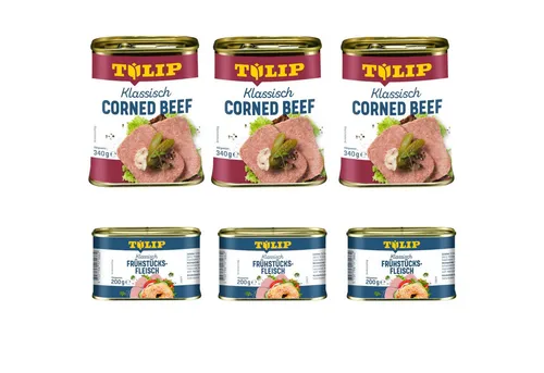 TULIP Wurstkonserve Frühstücksfleisch Schwein & Corned Beef Set 200g/340g - Leckere Wurstkonserven im Set: 3x 200g Frühstücksfleisch und 3x 340g Corned Beef. Ideal für eine proteinreiche Ernährung und praktische Lagerung in der Konservendose.