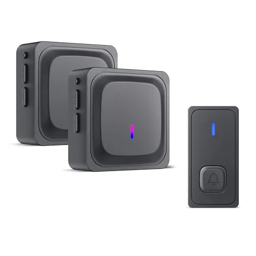 HBN Funkklingel mit 2 Empfängern, Kabellose Türklingel Funk Set, große Reichweite Türklingel mit Batterie, 2 Plug-In-Empfänger & 1 Sender, 60 Melodien, 5 Lautstärkestufen, LED-Blitz, Schwarz