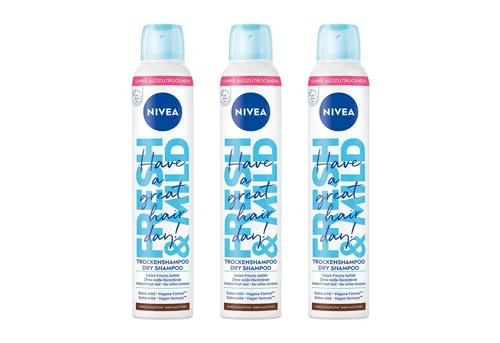 Nivea Trockenshampoo Hair Care Fresh & Mild Dunkle Haartöne mild vegan 3 x 200ml, Packung, 3-tlg., Hinterlässt keine weißen Rückstände und trocknet das Haar nicht aus