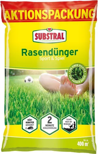 Substral Premium Rasendünger Sport & Spiel - 10 kg für kräftiges Grün - Dünger für 400 m², fördert optimales Wachstum und strapazierfähiges Grün. Langzeitwirkung bis zu 2 Monate, ideal für regelmäßige Rasenpflege.