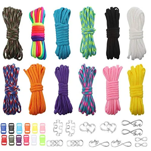 upain 12 Stück Paracord Schnur 550 Paracord Seile Schnüre DIY Armband Bänder Set mit 12 Quick Release Schnallen 12 Anhänger für Armbänder Schlüsselanhänger Hundehalsband Leine Outdoor-Aktivitäten